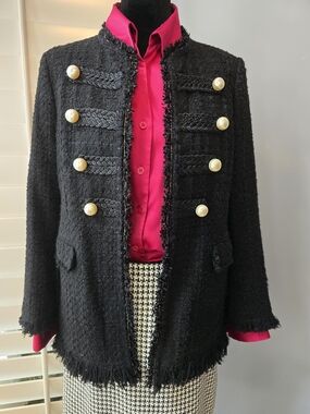 Zara Black Tweed Military Blazer with Pearl Buttons Size S